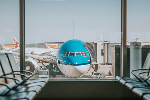 View of airline jet outside of airport gate