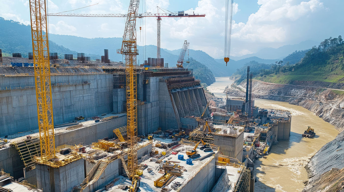 Aerial view of a large dam under construction with multiple cranes and workers. Project management professional analyzing EVM using Contruent Enterprise software.