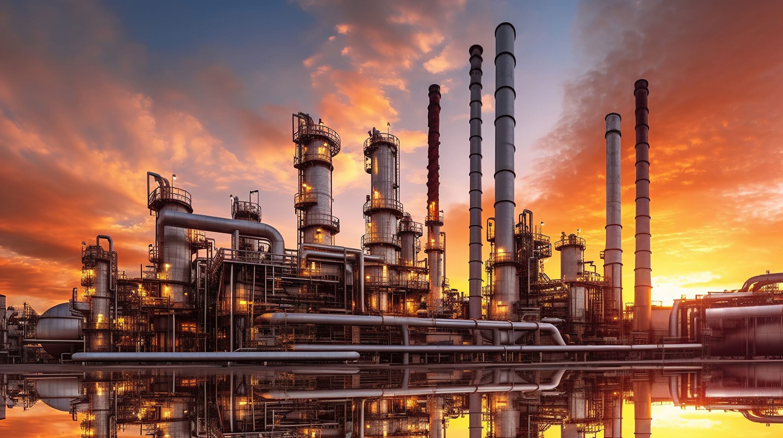 Close up Industrial view at oil refinery plant form industry zone with sunrise and cloudy sky. Generative Ai Three colleagues discussing plans, standing around a conference table.