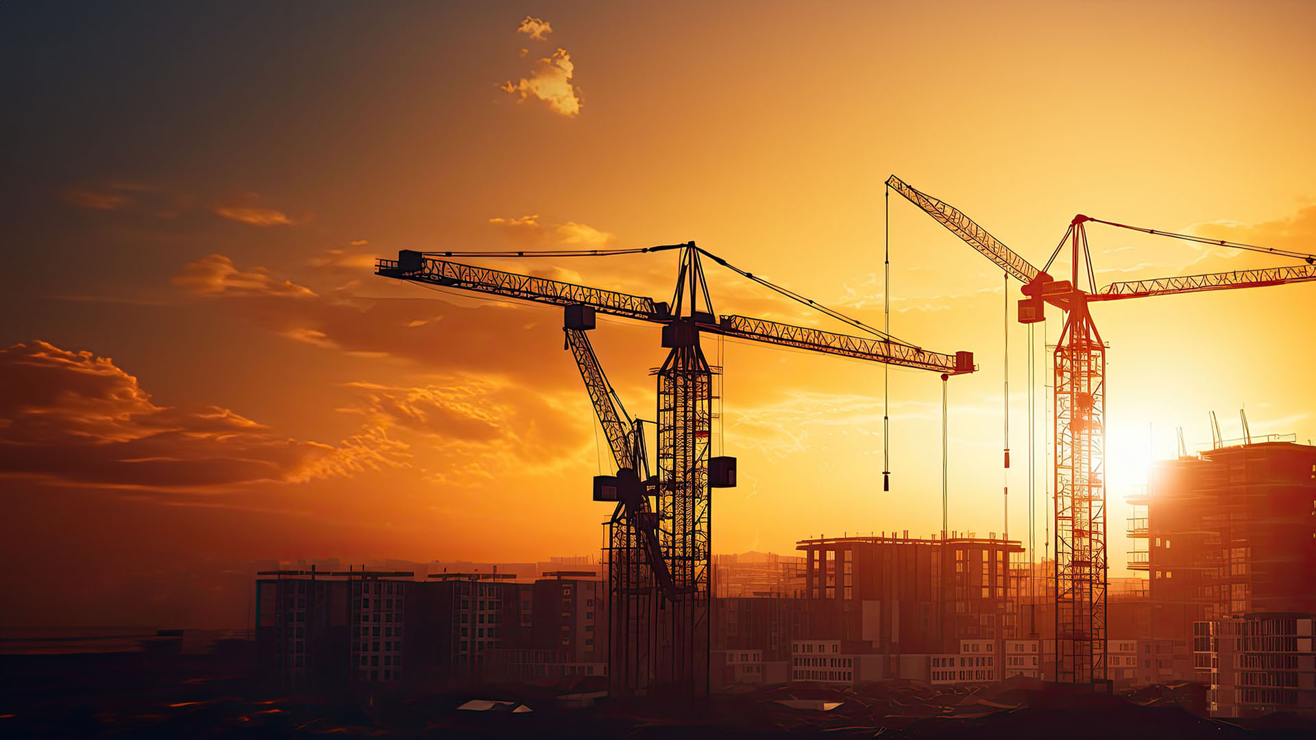 Sunrise with silhouetted cranes and buildings in industrial construction A project manager discussing project plans with a client.