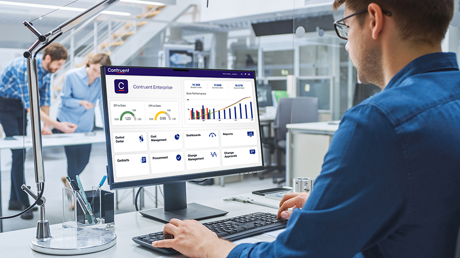 Project management professional analyzing EVM using Contruent Enterprise software.
