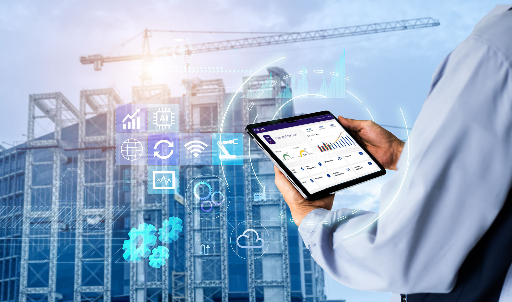 Smart Construction Project management system concept.Hands using ARES PRISM